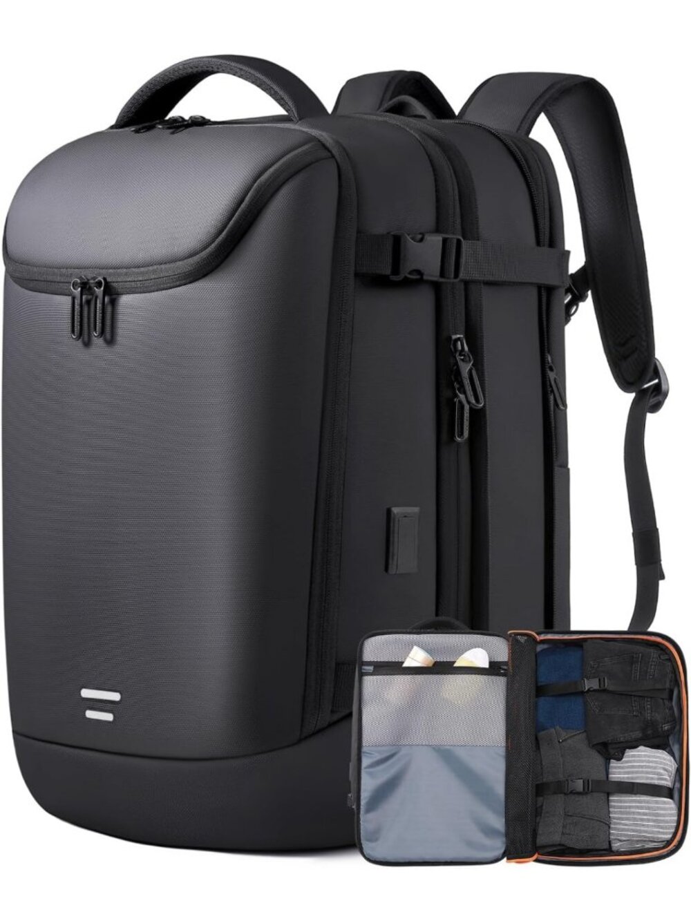 Expandable 50L Travel Backpack with USB Charging, Water-Resistant, Fits 17.3
